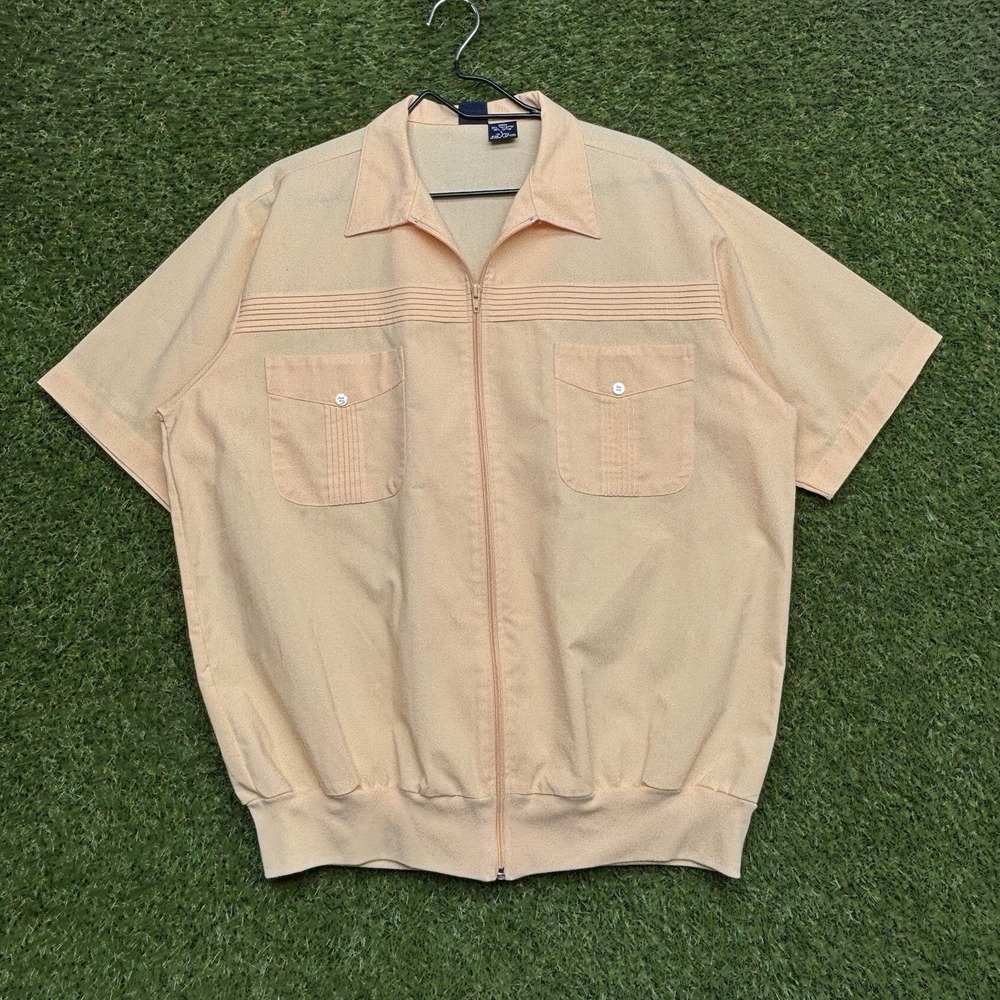 Vintage John Blair Guayabera Shirt Mens LARGE Beige Cuban Faux Zip Golf 90s